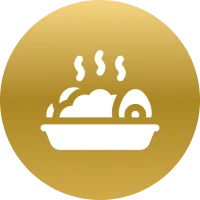 Golden circle with steaming dish